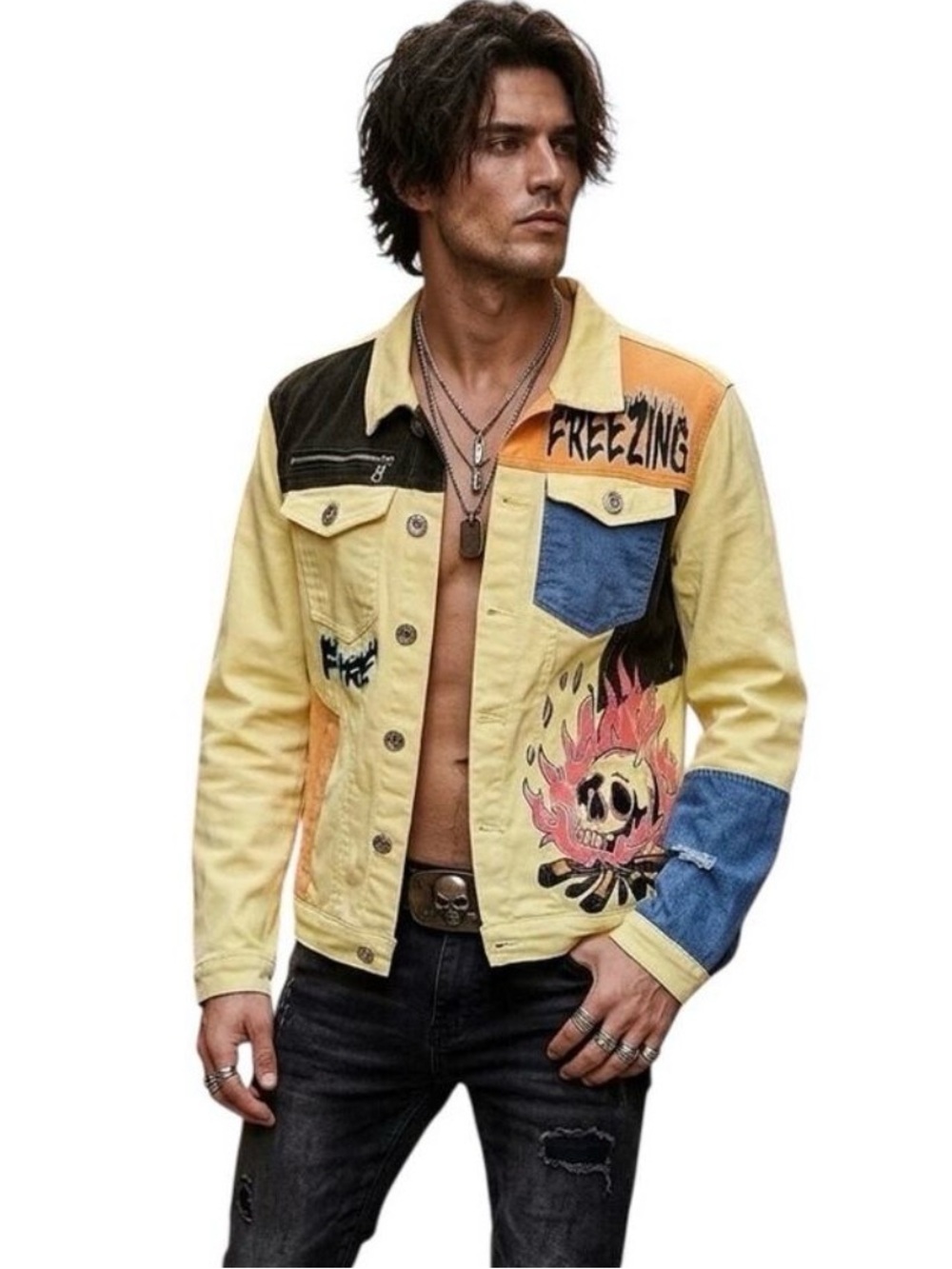Genuine Authentic Yellow Denim Jacket Skull Fire Freezing Men's Small